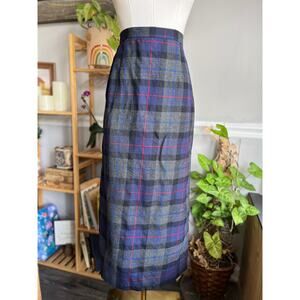 Vintage 90s Pencil Maxi Skirt Blue Gray Black Plaid Academia Size Medium